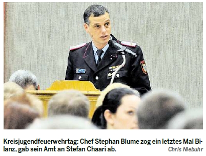 Kreisjugendfeuerwehrtag: Chef Stephan Blume zog ein letztes Mal Bilanz, gab sein Amt an Stefan Chaari ab.